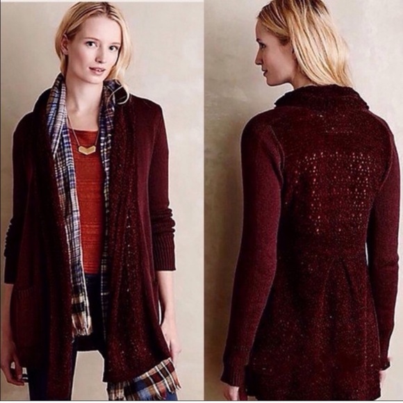 Anthropologie Sweaters - Angel Of The North Anthropologie Maroon Evenie Crochet Cardigan XS